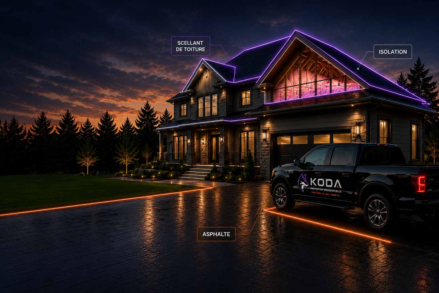 Maison résidentielle protégée par KODA au crépuscule